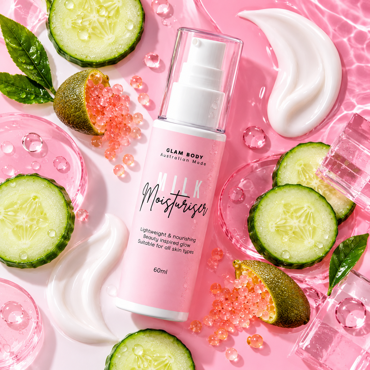 A bottle of Glam Body Australian Made Jelly Moisturiser is styled in a flat lay with cucumber slices, pink boba pearls, white cream, and clear ice cubes on a pink background.