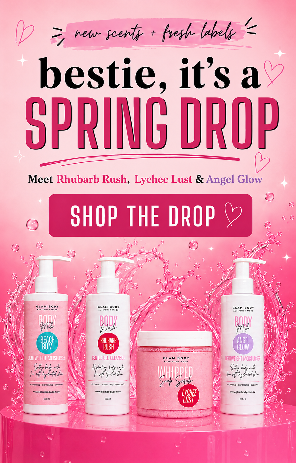 Promotional graphic for a fragrance collection titled 'bestie, it's a SPRING DROP' with four pink and white body spray bottles and a matching jar displayed at the bottom against a pink water-splash background. Visible product lines include Rhubarb Rush, Lychee Lust, and Angel Glow.