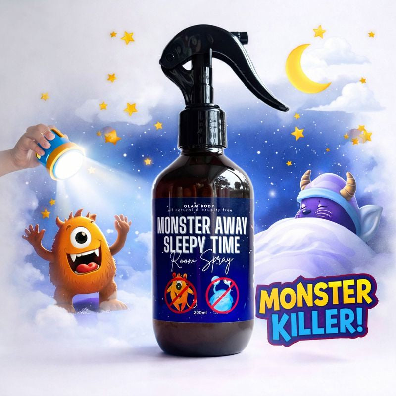 Bottle of 'Monster Away Sleepy Time' spray with cartoon monsters on a night sky background