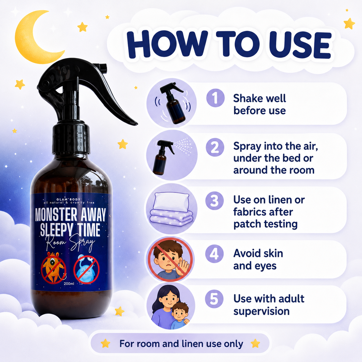 A bottle of Blue Moon 'Monster Away' Sleep Time Room Spray is shown on a pastel illustrated background with a large 'HOW TO USE' panel and five step-by-step icons and text instructions.