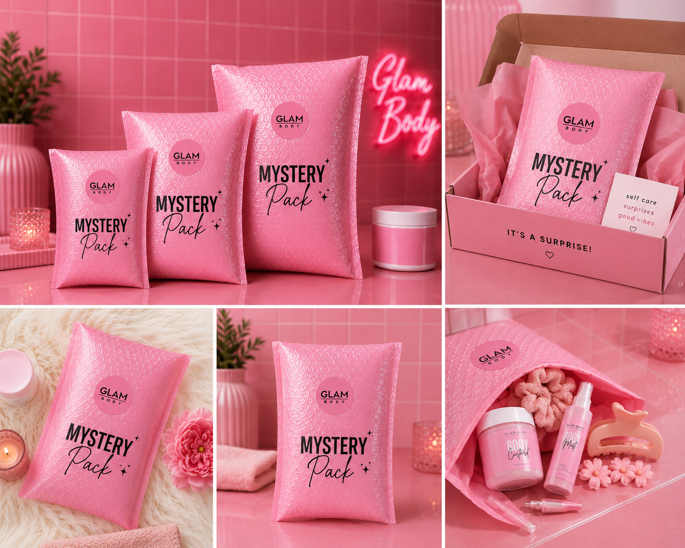 A 2x3 collage showing pink glittery 'Mystery Pack' pouches and gift packaging from Glam Body, with assorted beauty items sometimes visible inside. The scenes are styled in pink tones with candles, flowers, and a neon sign.