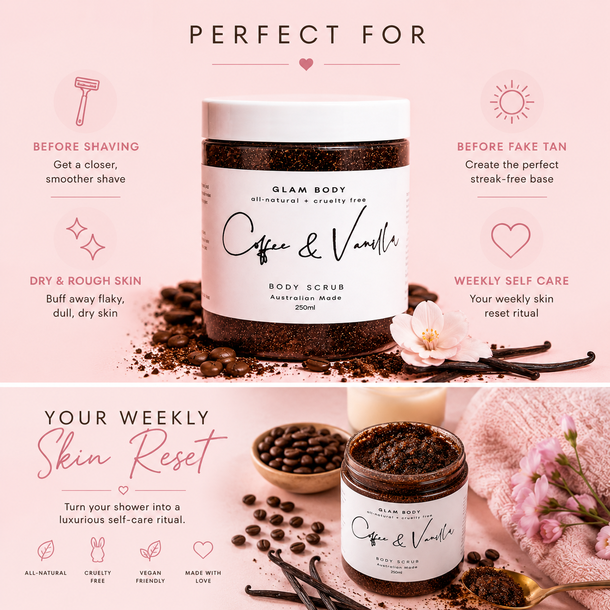 Coffee and Vanilla body scrub with product details on a pink background