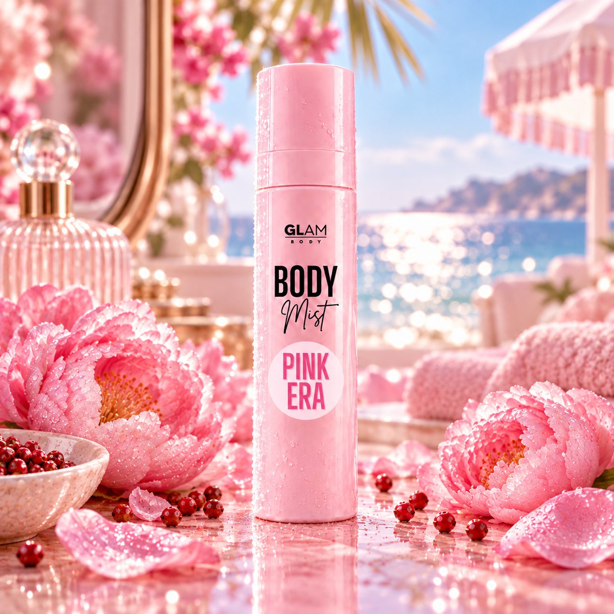 A pink can of GLAM BODY Body Mist Pink Era is centered on a glossy pink surface, surrounded by large pink flowers, scattered berries, and a beach-themed blurred background with water and palm elements.