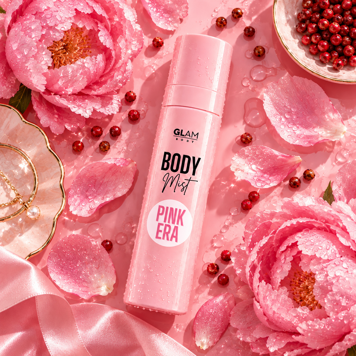 A pink cylindrical bottle of Glam Gown Body Mist labeled 'Pink Era' is arranged in a styled flat lay with pink peony flowers, petals, water droplets, pink ribbon, and small red berries on a pink background.
