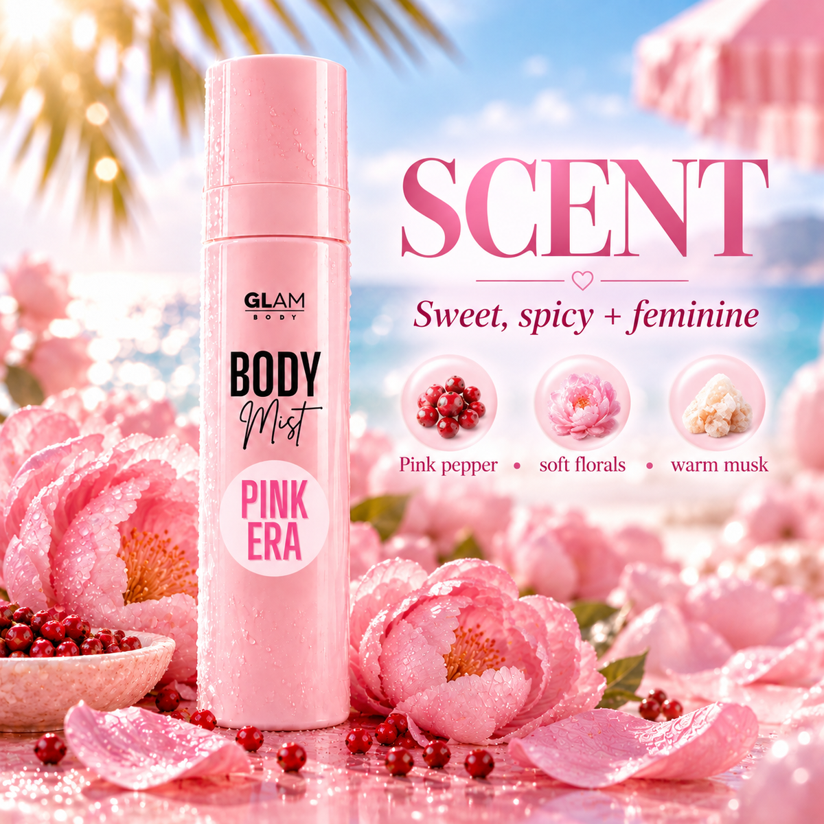 A pink cylindrical body mist bottle labeled 'GLAM BODY BODY Mist PINK ERA' stands in a beach-themed setting with pink flowers, petals, and tropical background elements. Large text reads 'SCENT' with the scent description 'Sweet, spicy + feminine' and ingredient icons for pink pepper, soft florals, and warm musk.