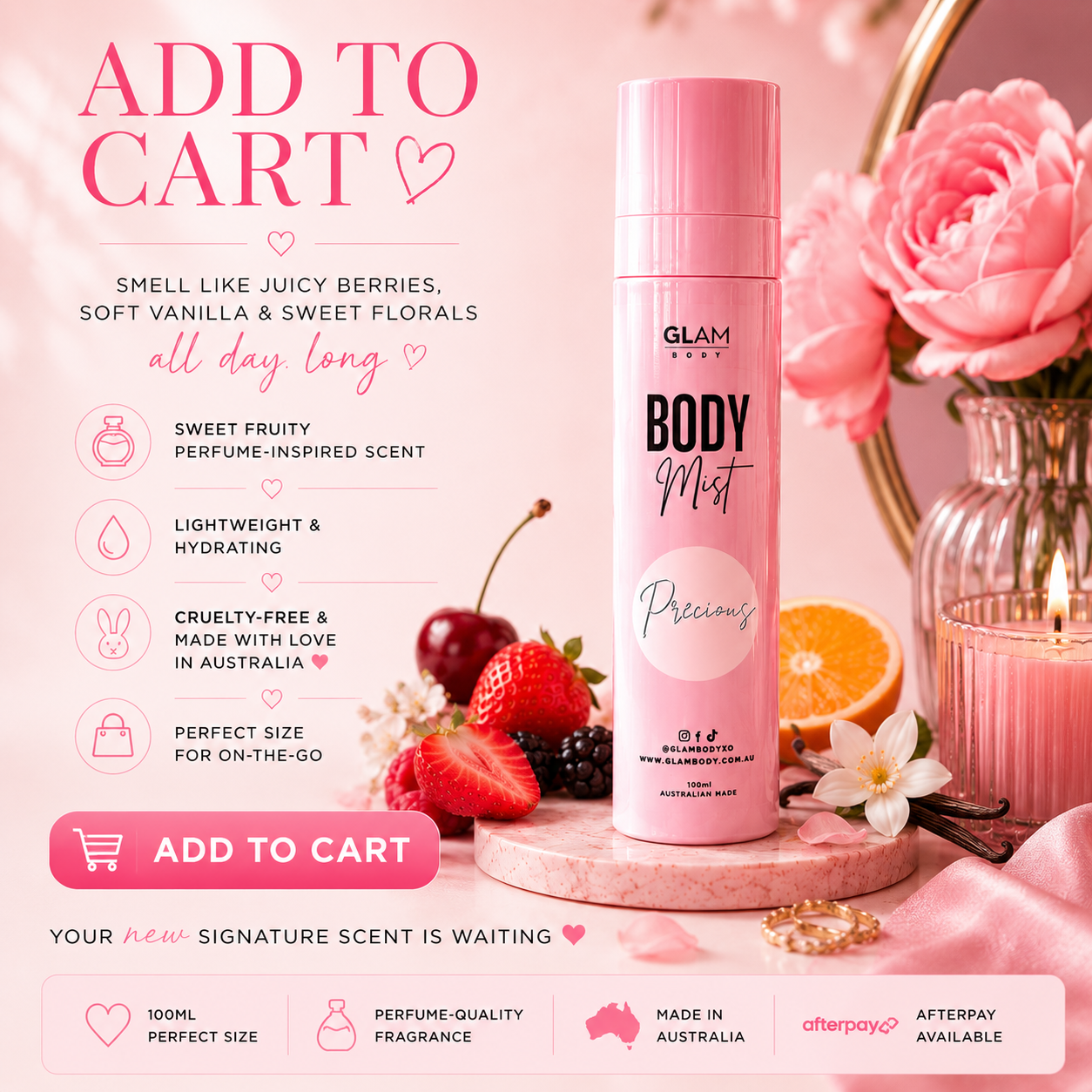Pink body mist bottle with product details on a pink background