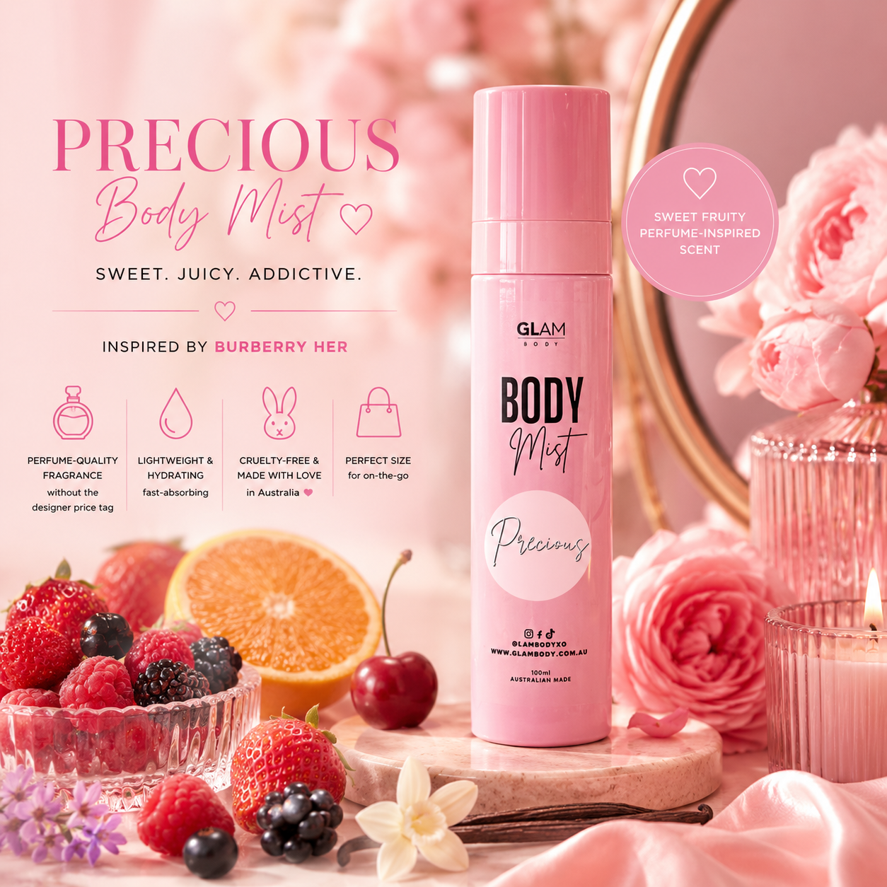 Pink body mist bottle labeled 'Glam' with fruit and floral elements on a pink background
