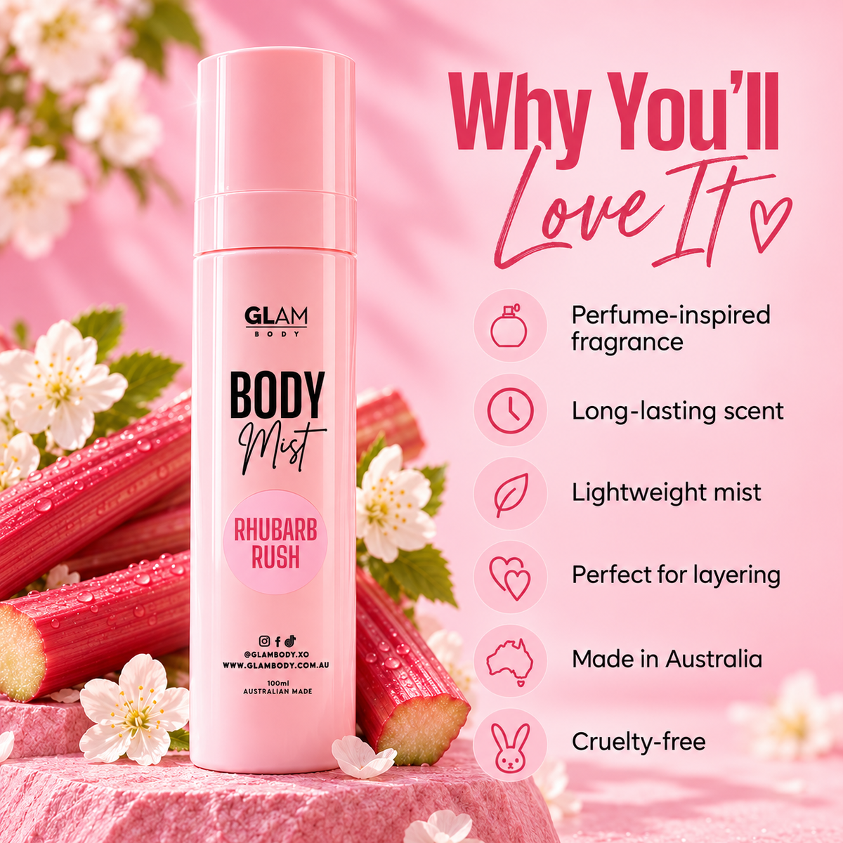 GLAM BODY Mist in a pink cylindrical bottle, styled on a pink surface with rhubarb stalks and white flowers. The right side features a pink text graphic reading 'Why You'll Love It' with bullet points about the perfume-inspired fragrance, long-lasting scent, lightweight mist, perfect for layering, made in Australia, and cruelty-free.