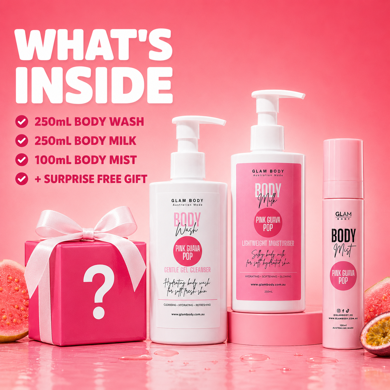 Glam Body body care set featuring a pink gift box with a question mark, a white pump bottle of Pink Cobra Pop body wash, a white pump bottle of Pink Cobra Pop body milk, and a pink spray bottle of Body Mist, set against a pink background with text detailing the contents.