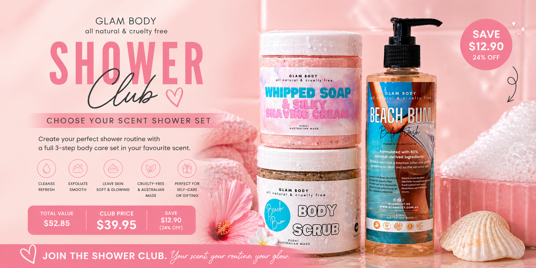 Glam Body shower products including whipped soap, body scrub, and beach bum lotion on a pink background.