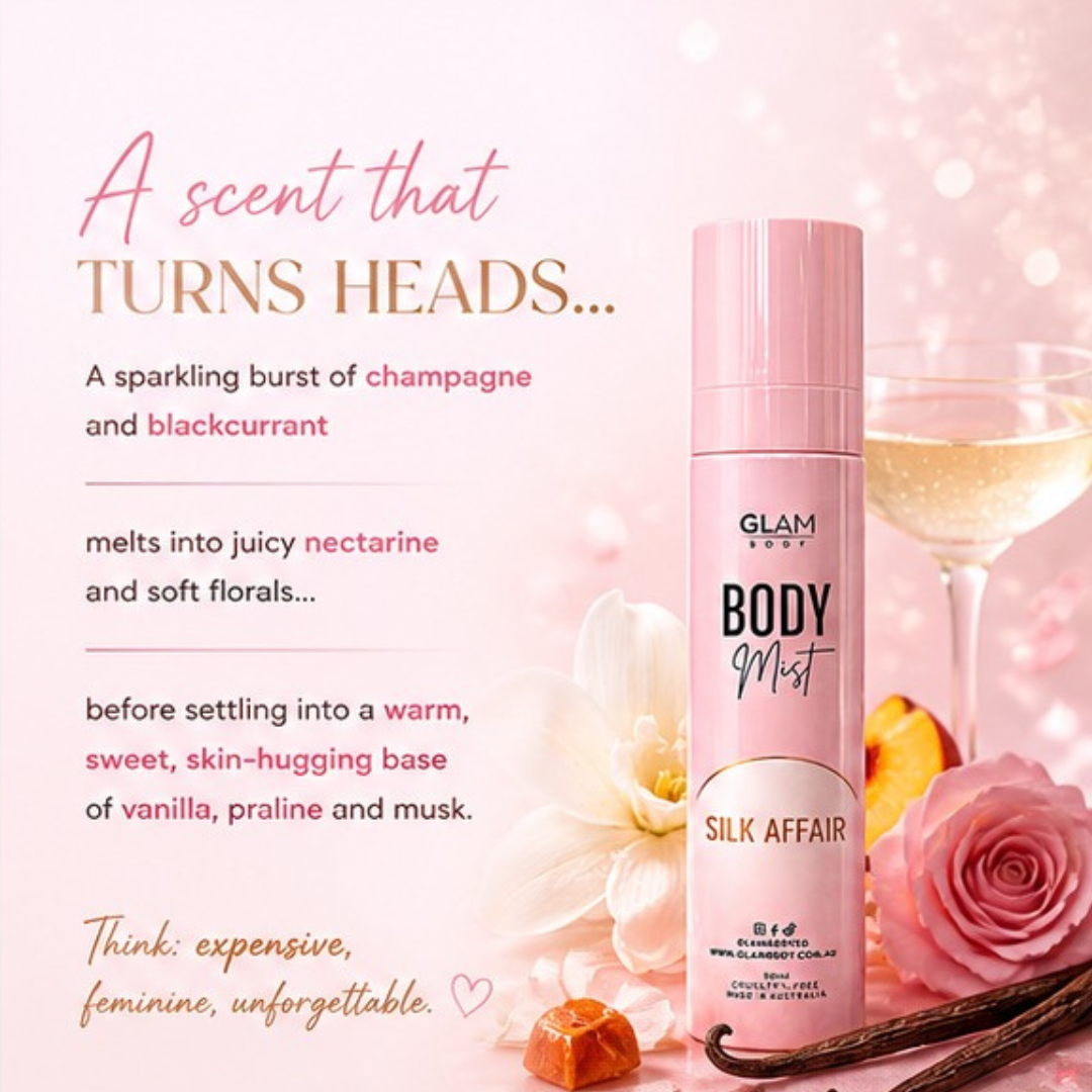Pink body mist bottle labeled 'Silk Affair' with floral and dessert elements on a pink background.