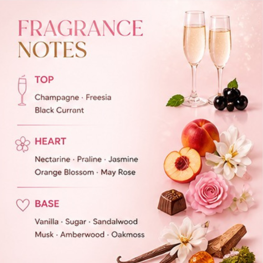 Fragrance notes chart with champagne, flowers, and fruits on a pink background