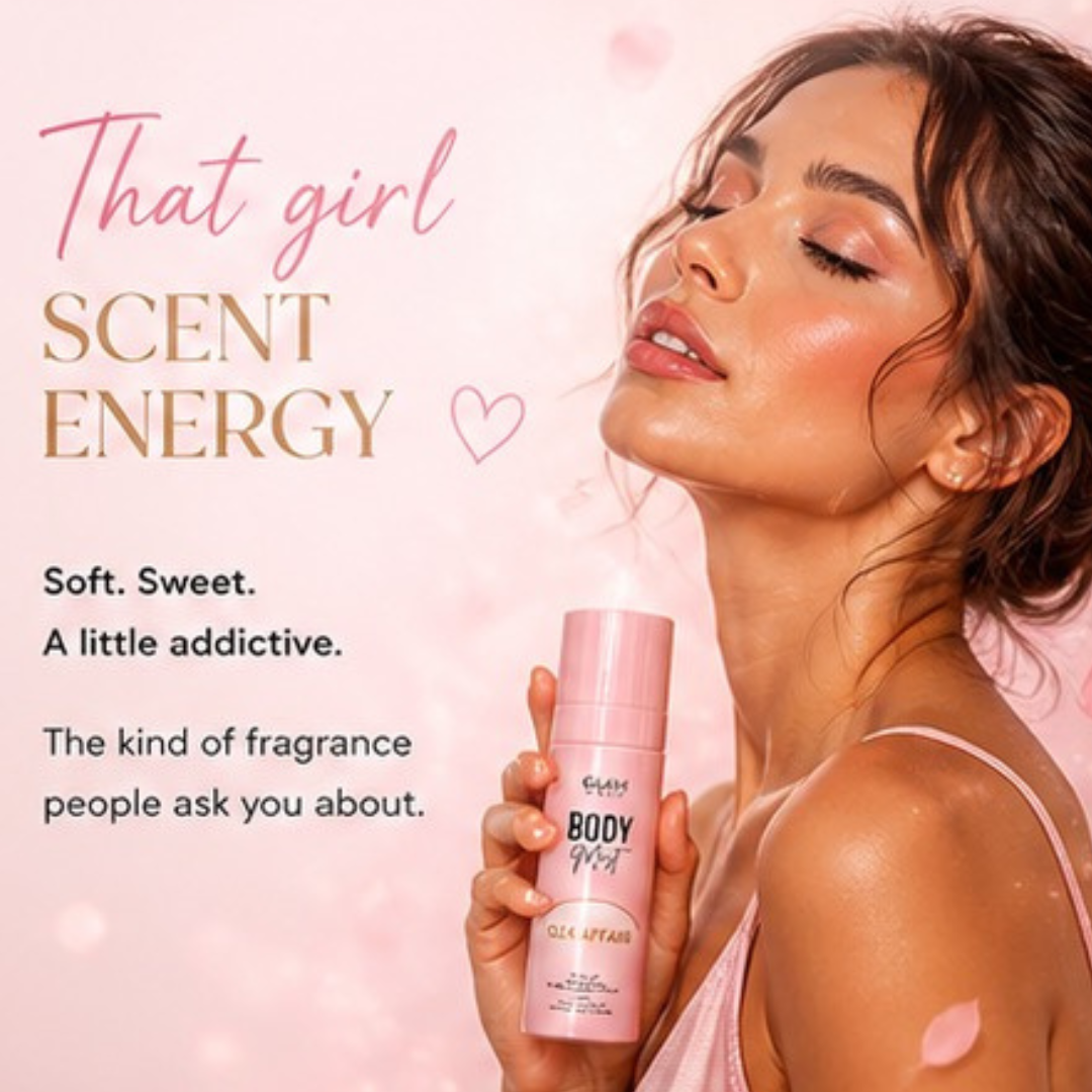 Woman holding a pink bottle of 'That Girl Scent Energy' with product description text on a pink background.
