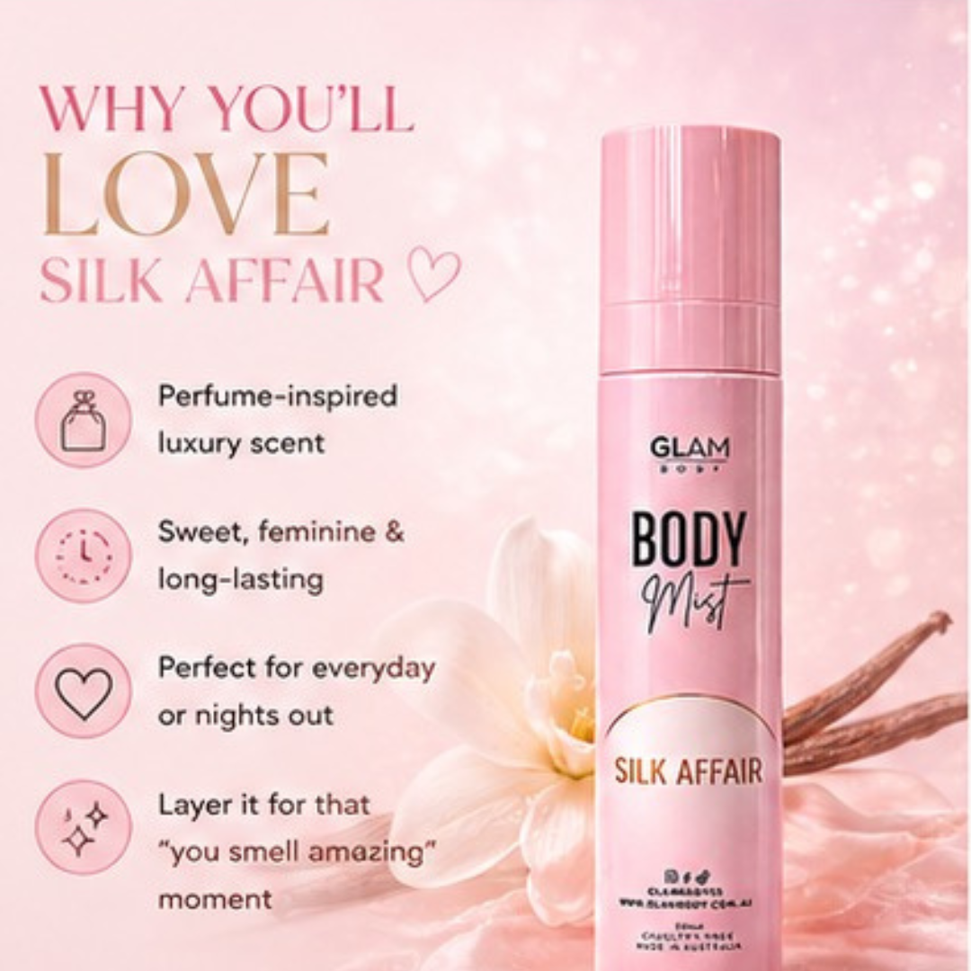 Pink body mist bottle labeled 'Silk Affair' with product features on a pink background