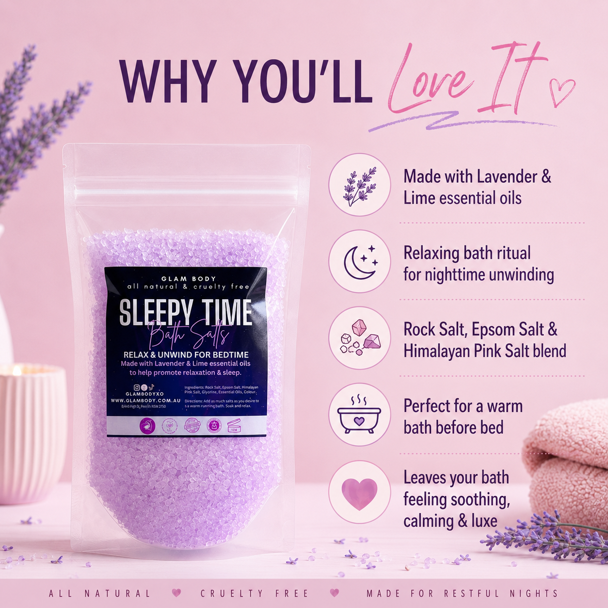 A stand-up pouch of Glam Body 'Sleepy Time' bath salts on a pink promotional background with text callouts about lavender and lime essential oils, relaxing ritual use, salt blend ingredients, and soothing benefits. Lavender sprigs and folded pink towels are visible as props.