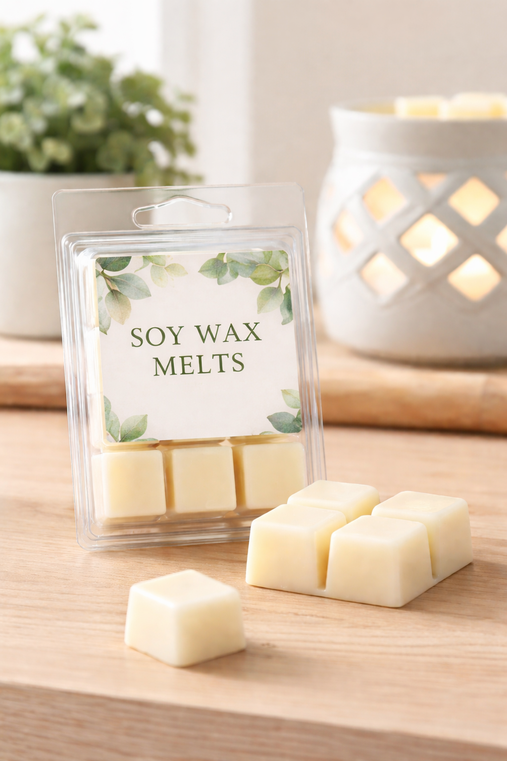 Soy wax melts packaging with two melts on a wooden surface, plant and candle in the background.