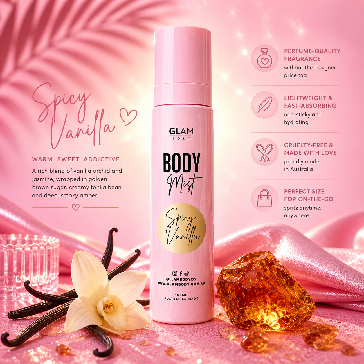 Pink body mist bottle labeled 'Spicy Vanilla' with vanilla beans and amber on a pink background