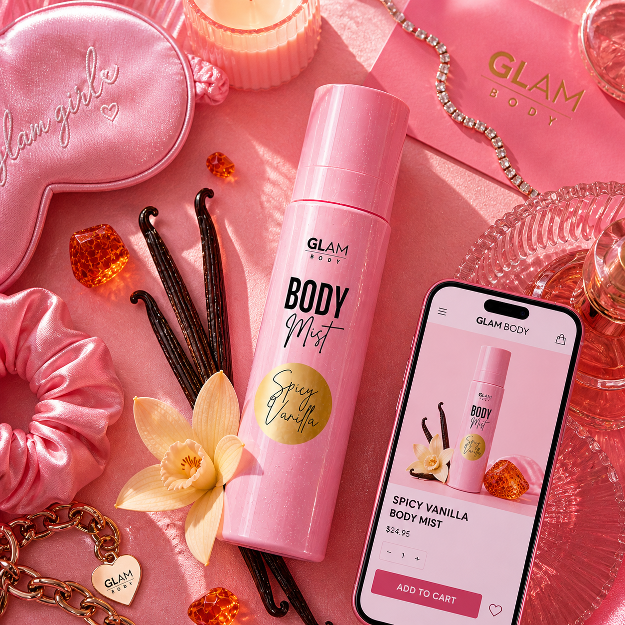 Pink 'Glam Body' body mist bottle with vanilla beans, a phone displaying the product, and decorative items on a pink background.