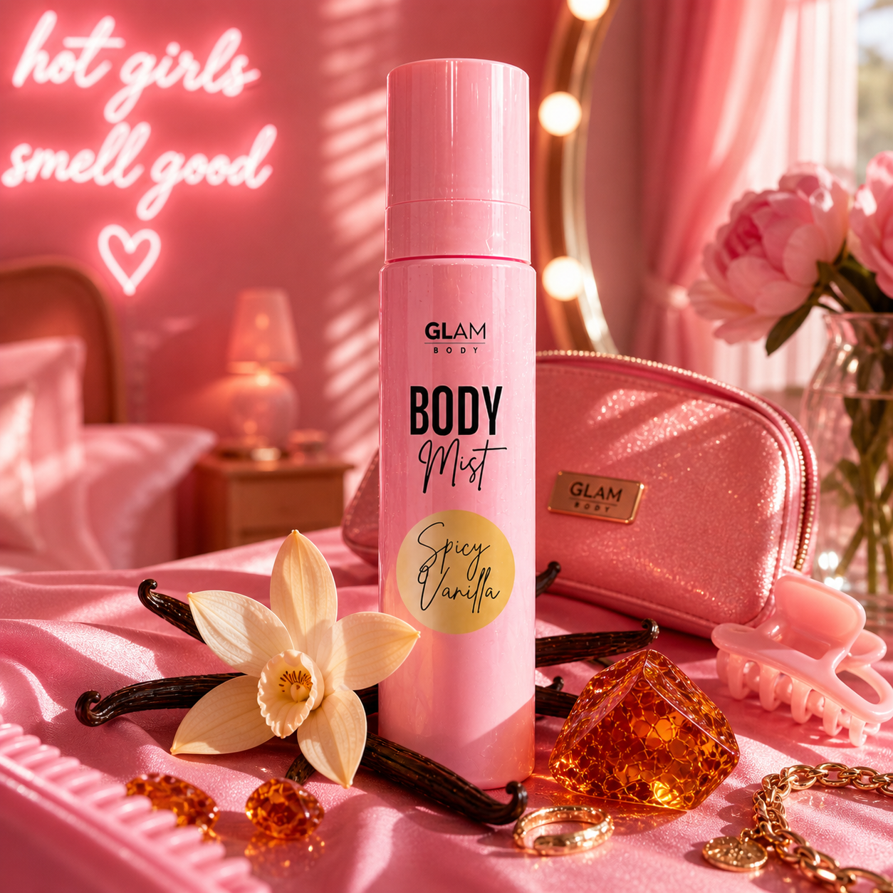 Pink 'Glam Body' body mist bottle with vanilla flowers and neon sign in a bedroom setting