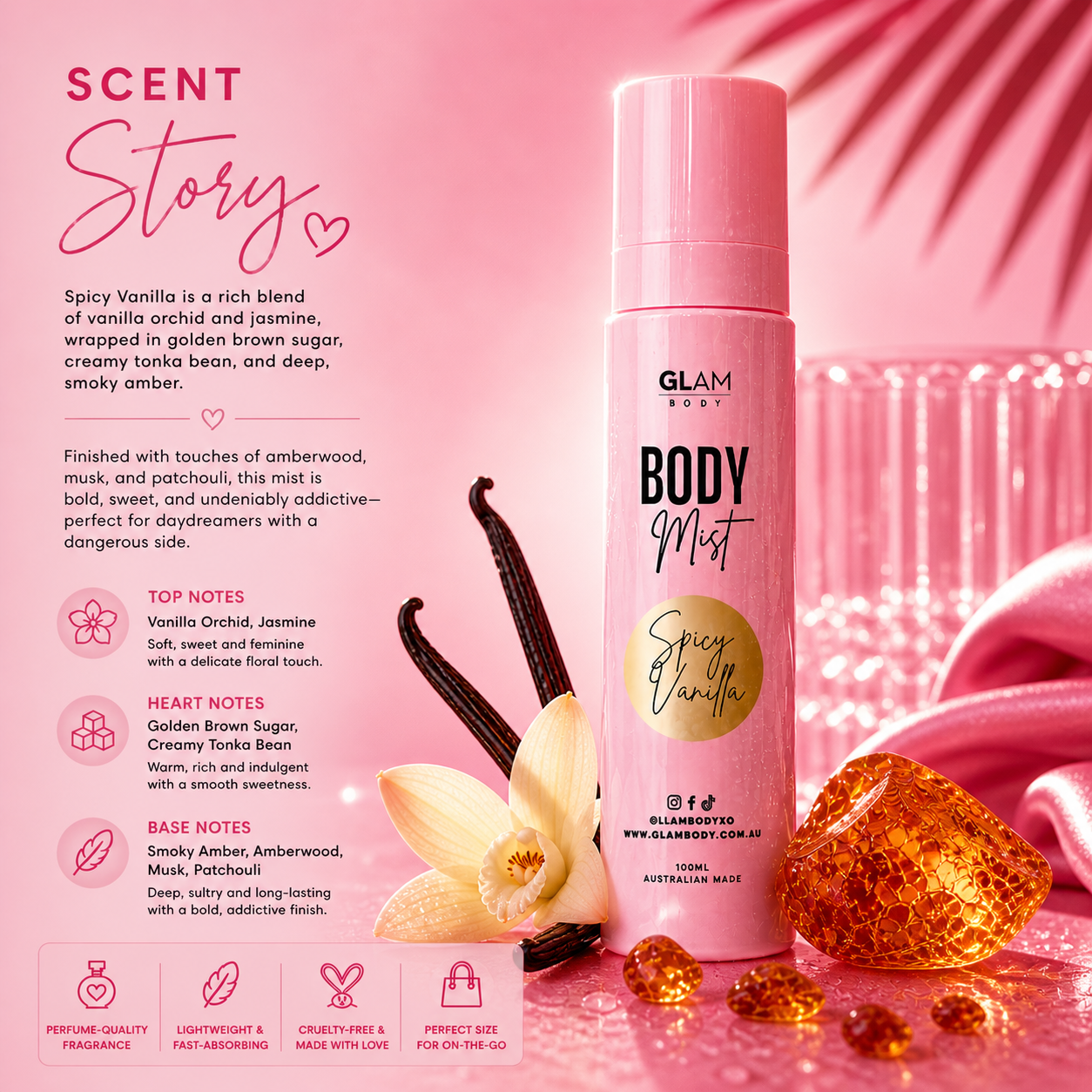 Pink body mist bottle labeled 'Glam Body' with vanilla and amber elements on a pink background