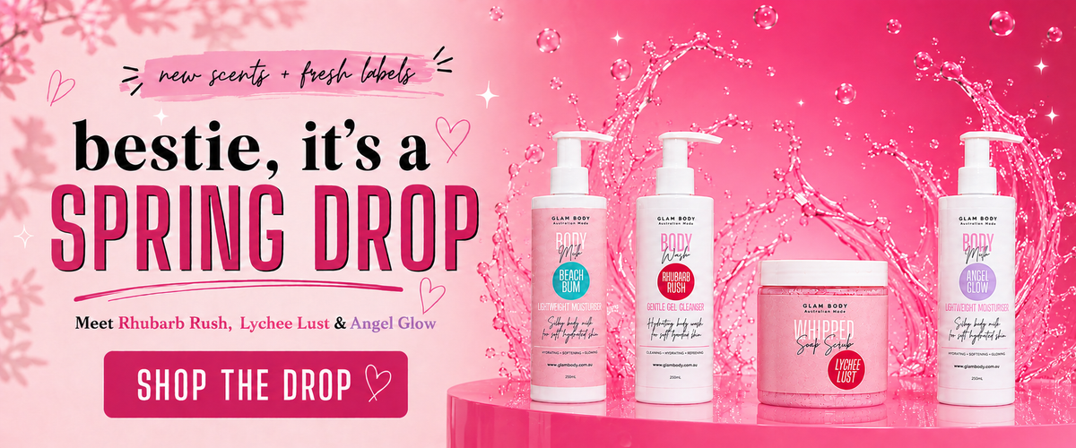 Promotional banner for Body Science 'Bestie, it's a Spring Drop' featuring four skincare products (three pump bottles and one jar) on a pink platform with water splash graphics, set against a bright pink background with text overlays.