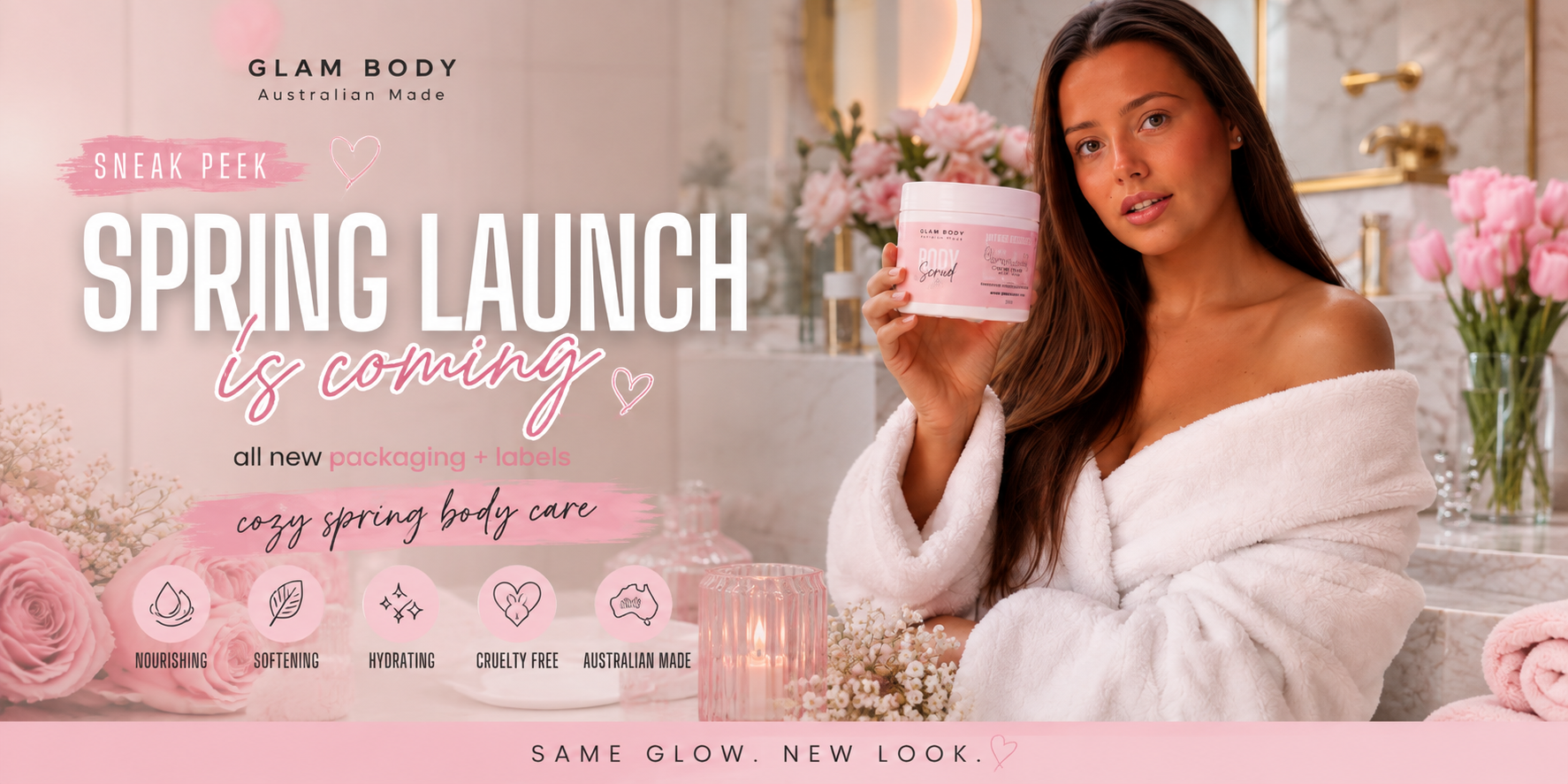 A promotional banner for Glam Body Australia's 'Spring Launch' featuring a woman in a white robe holding a pink body care jar in a bathroom setting, with text overlays and product features listed at the bottom.