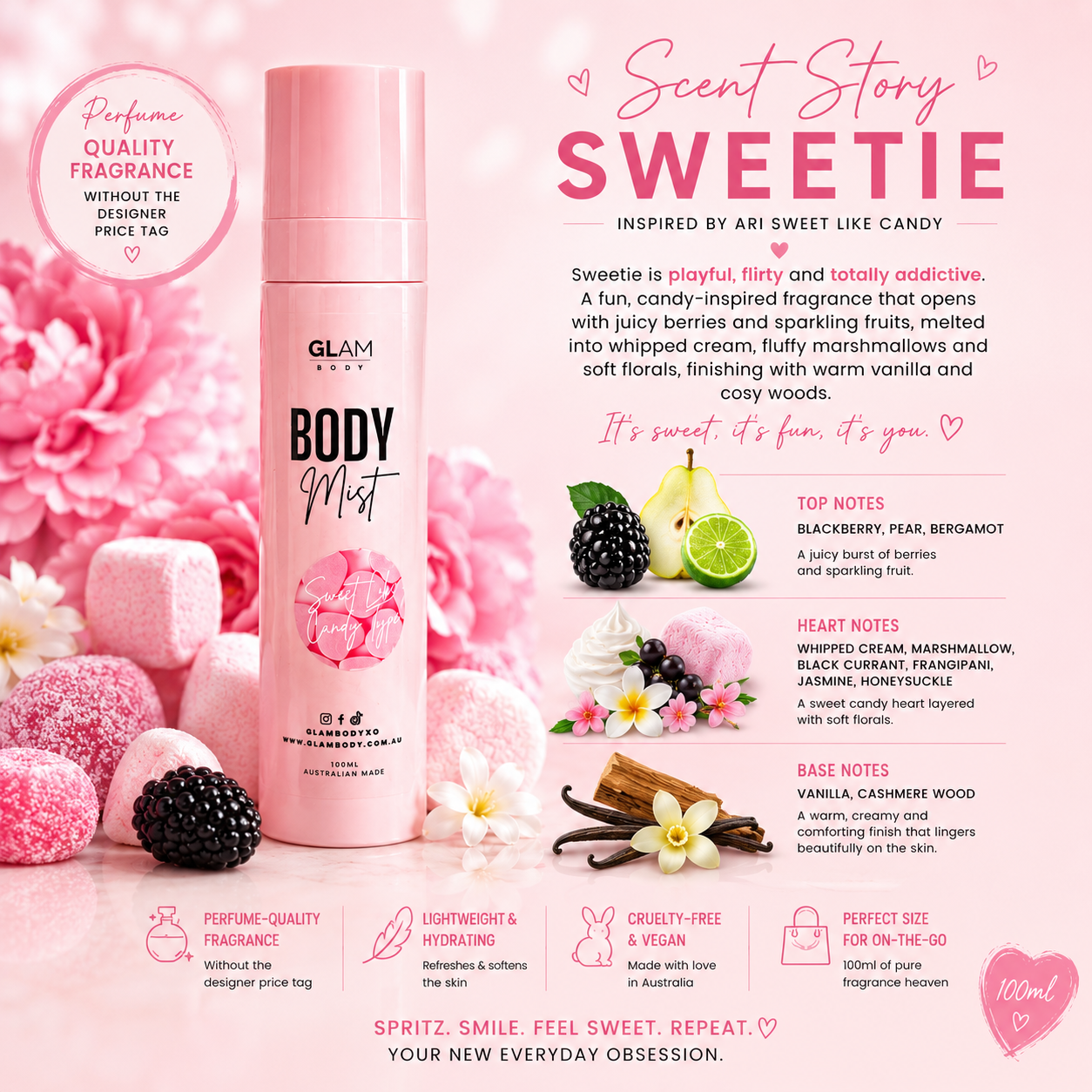 Pink body mist bottle with product details and ingredients on a pink background
