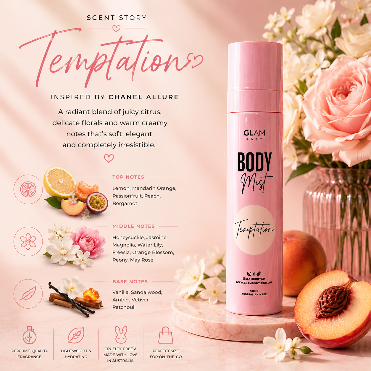 Pink body mist bottle labeled 'Glam' with floral and fruit elements on a soft pink background