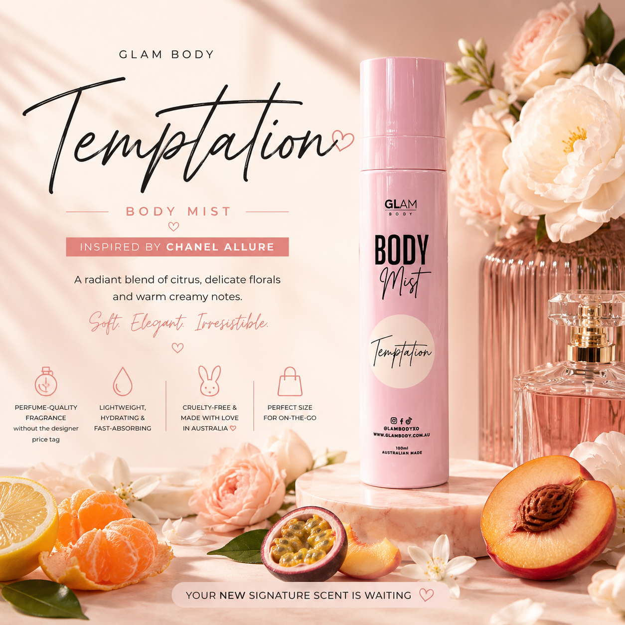 Glam Body Temptation body mist with floral and fruit elements on a soft pink background