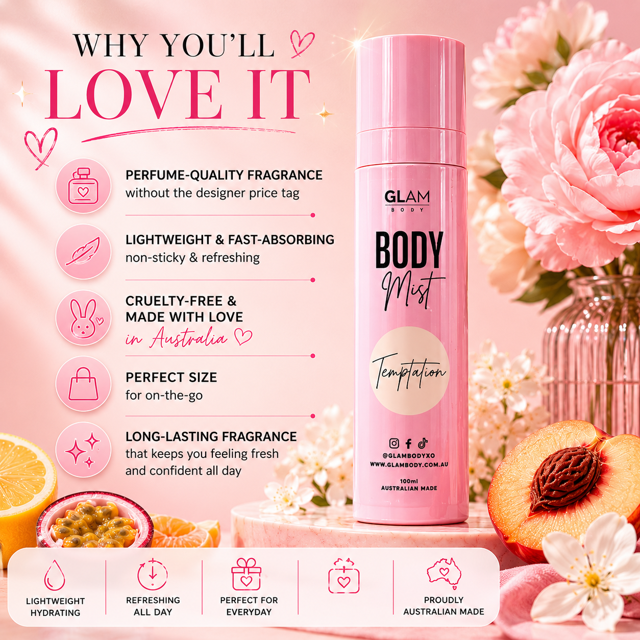 Pink body mist bottle with floral and fruit elements on a pink background