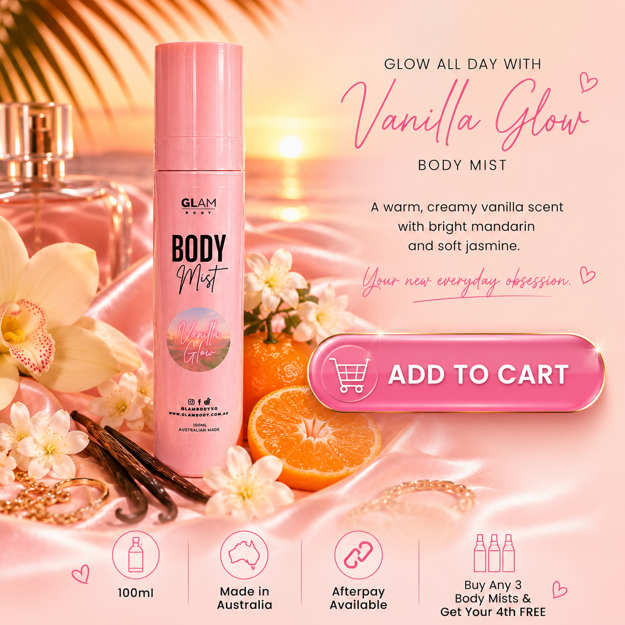 Pink body mist bottle with floral and fruit elements on a pink background, featuring 'Vanilla Glow' branding.