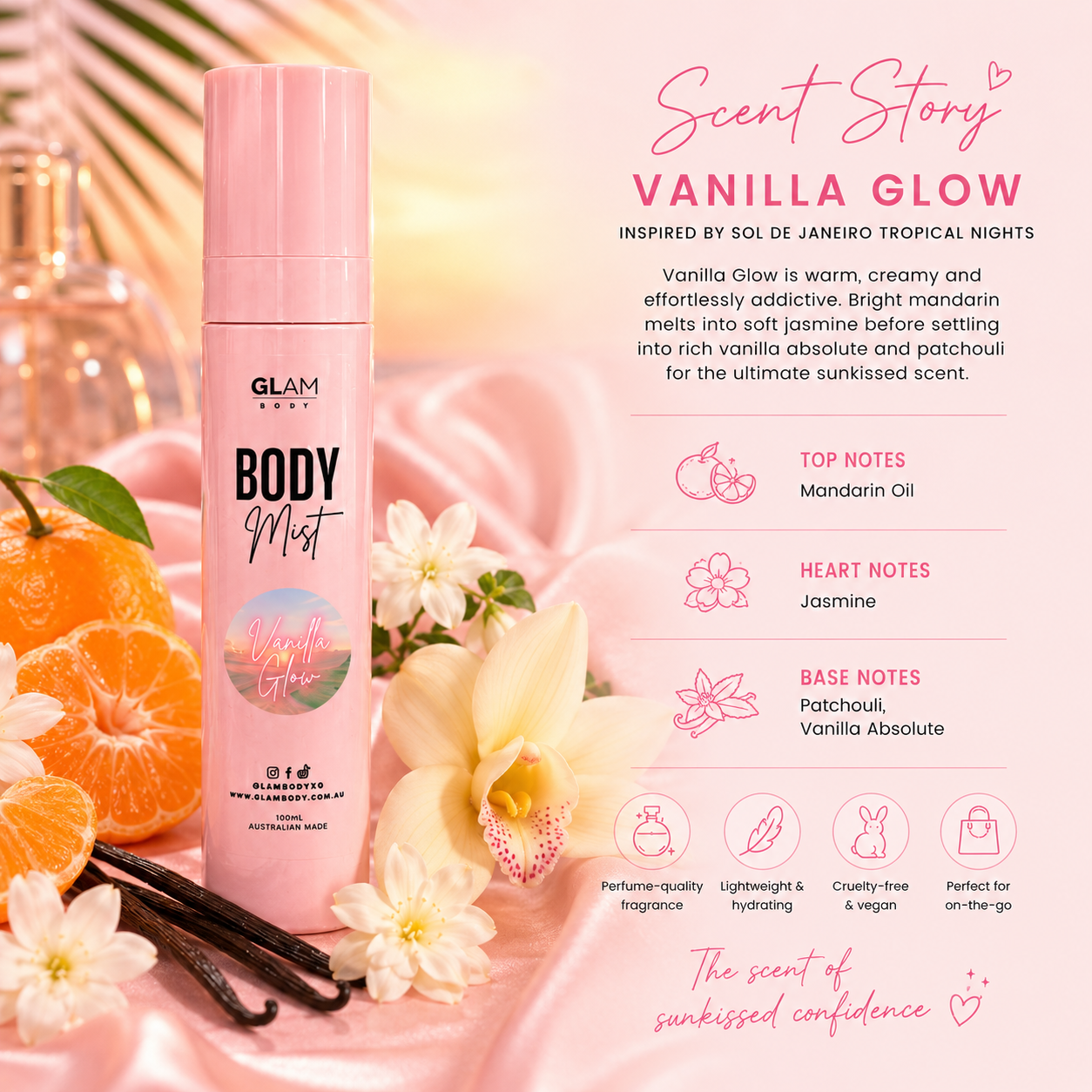 Pink bottle of Glam Body Vanilla Glow mist with floral and fruit elements on a pink background