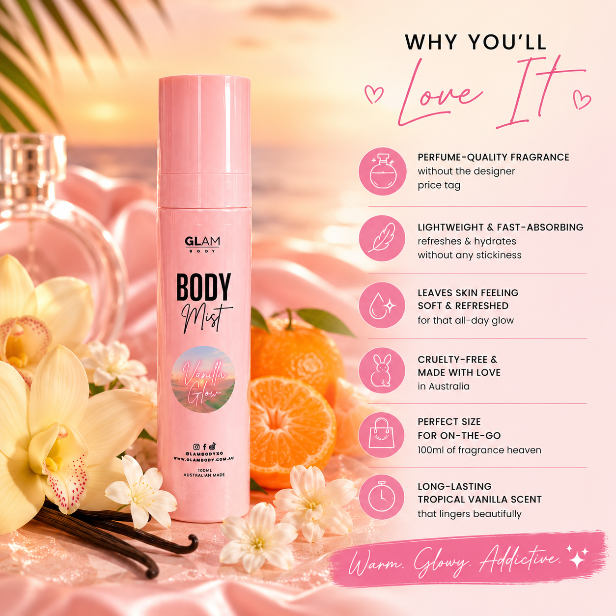 Pink body mist bottle with floral and fruit elements on a soft pink background