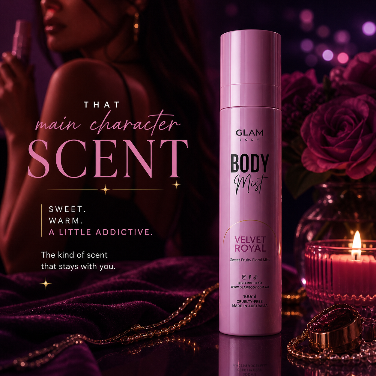 Purple body mist bottle with decorative text and a woman holding a candle in the background.