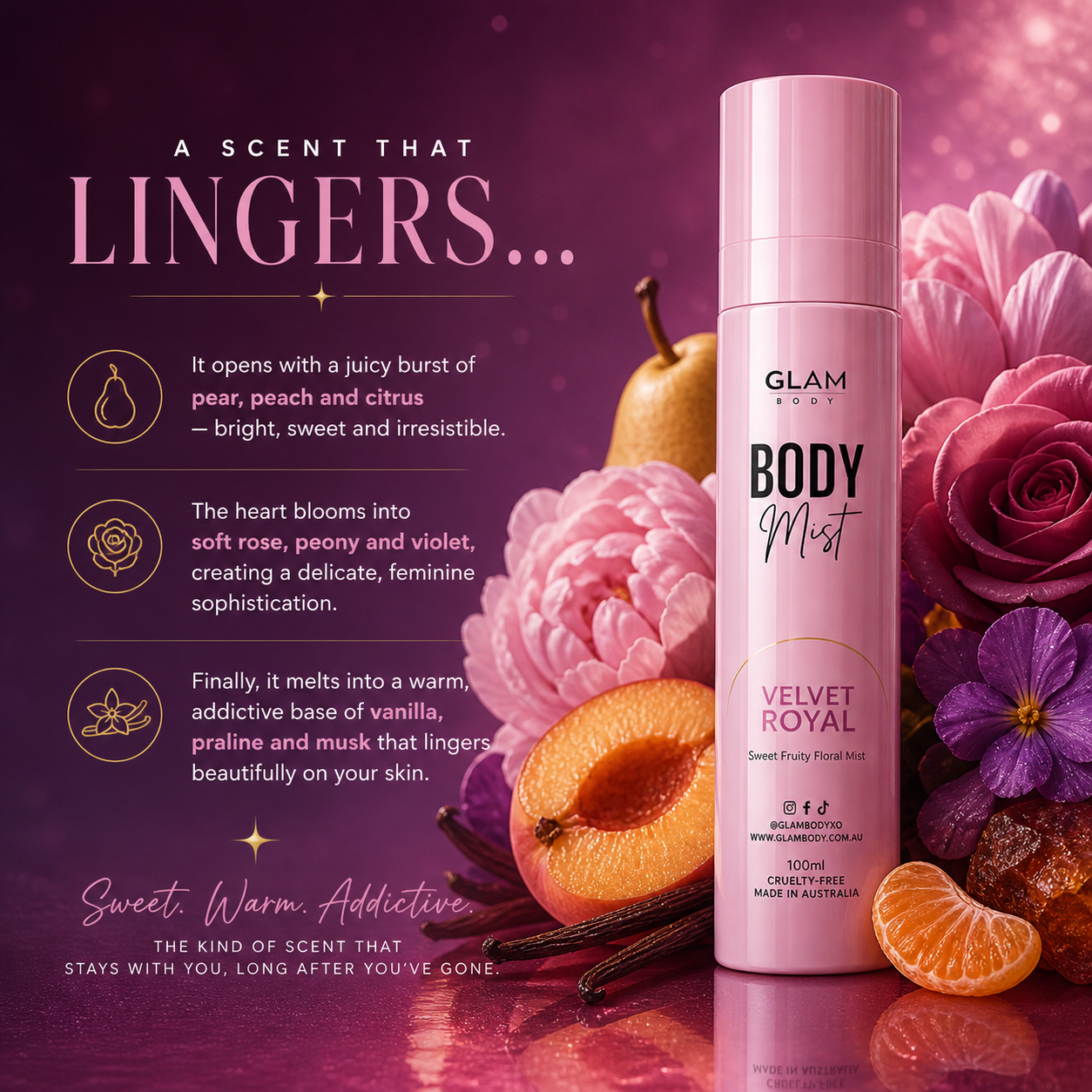 Glam Body Mist bottle with floral and fruit elements on a purple background