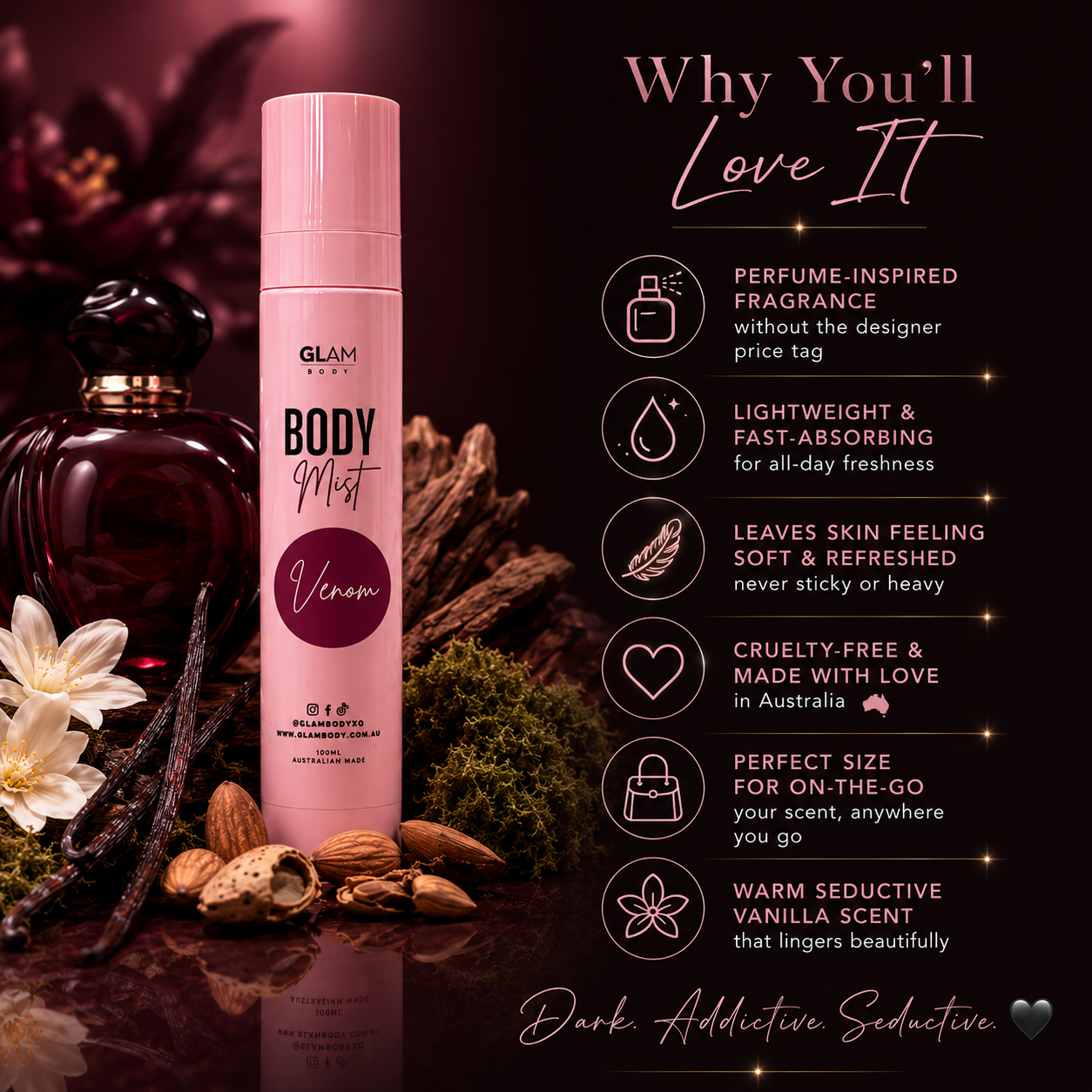 Pink body mist bottle with vanilla beans, flowers, and a dark background