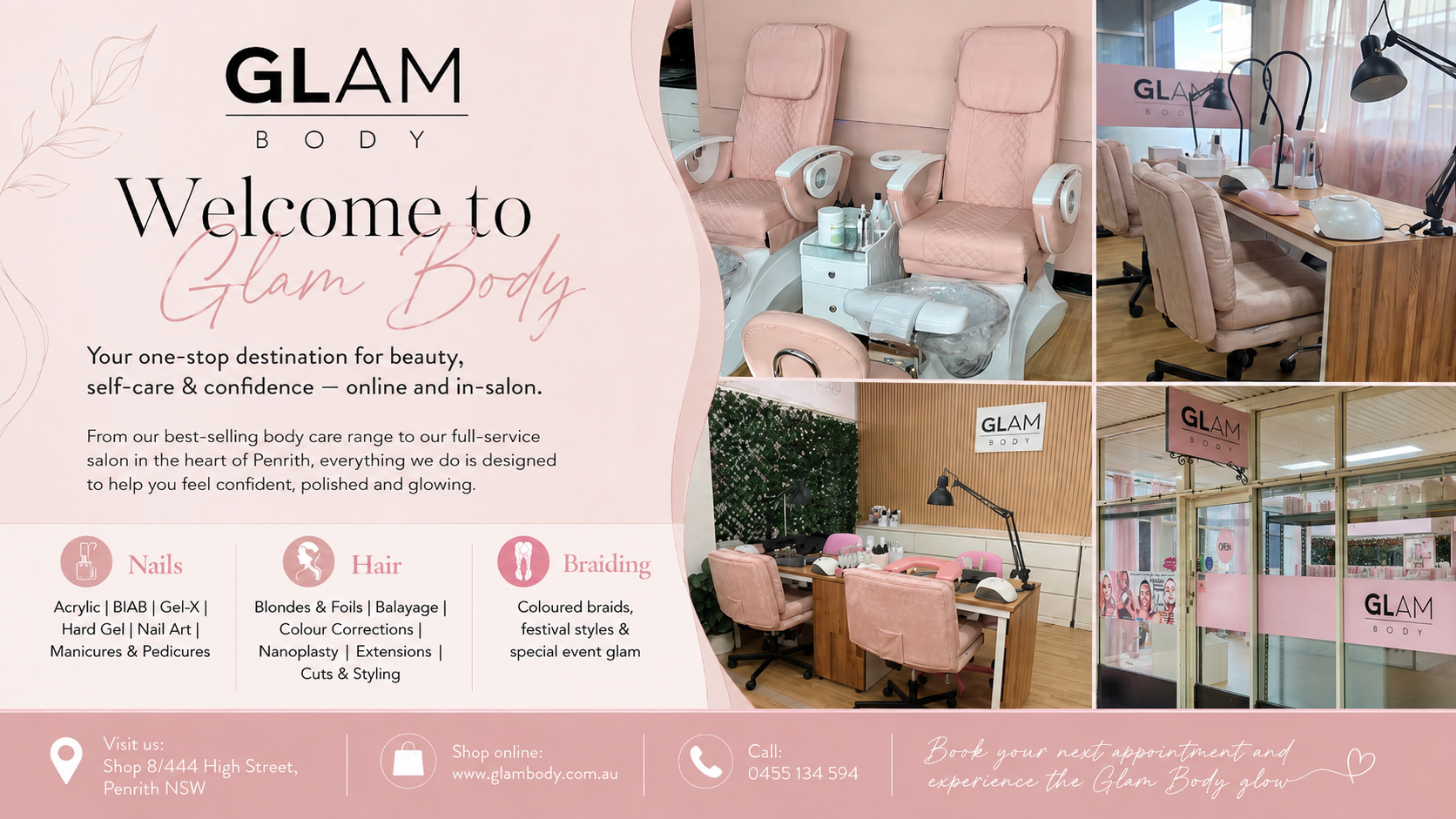 Promotional flyer for Glam Body spa, featuring a large pink massage chair, interior salon shots, and text detailing services such as nails, hair, colour correction, and braiding.
