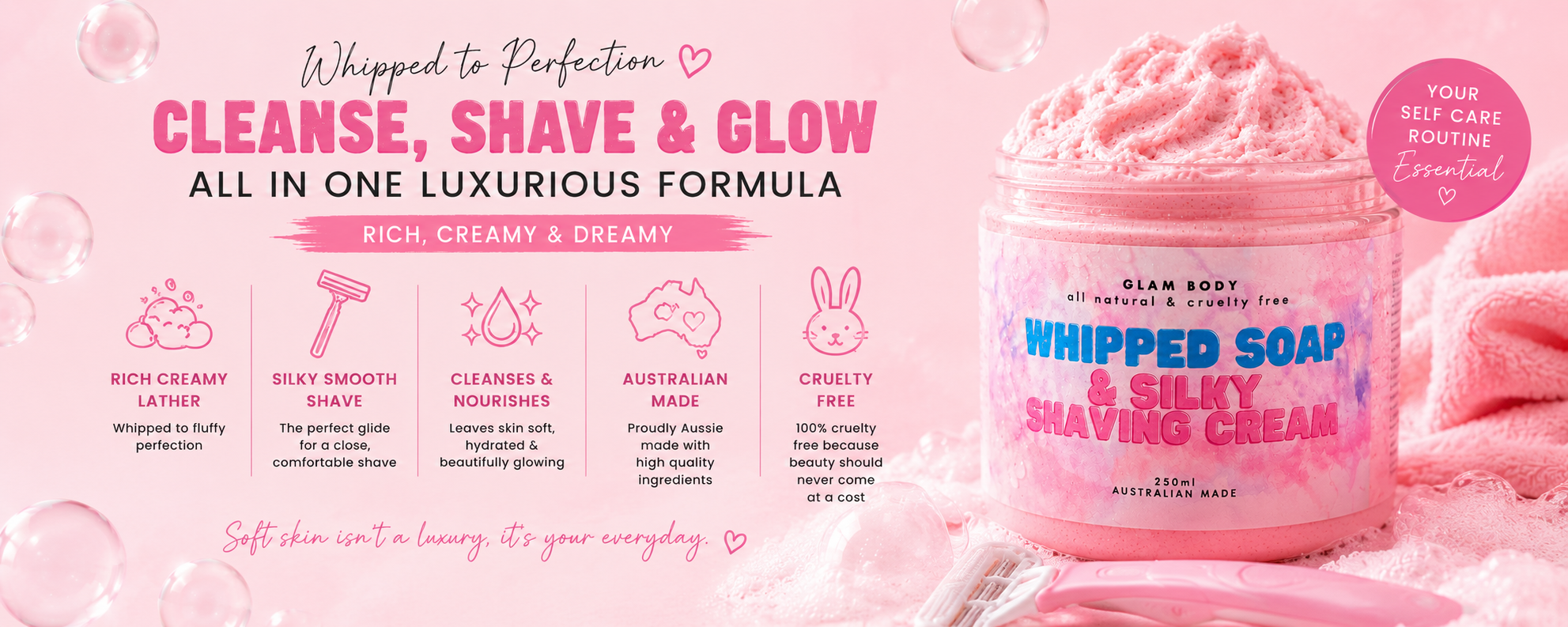 Pink whipped soap and shaving cream with product details on a pink background