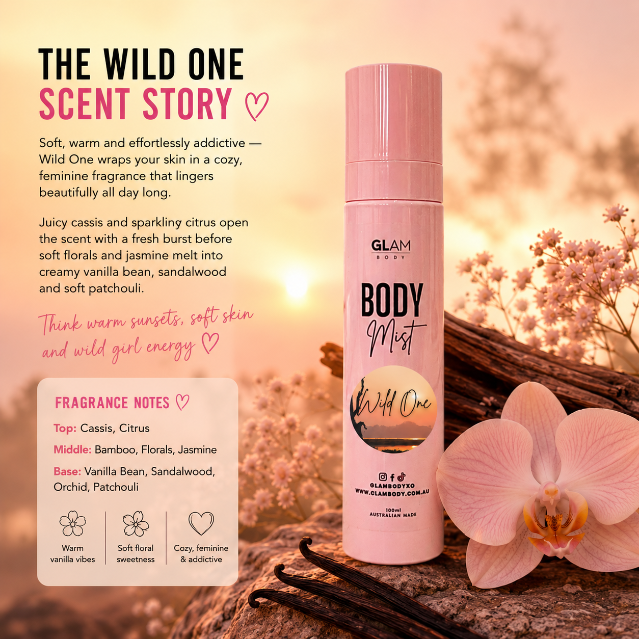 Pink body mist bottle with floral background and product details