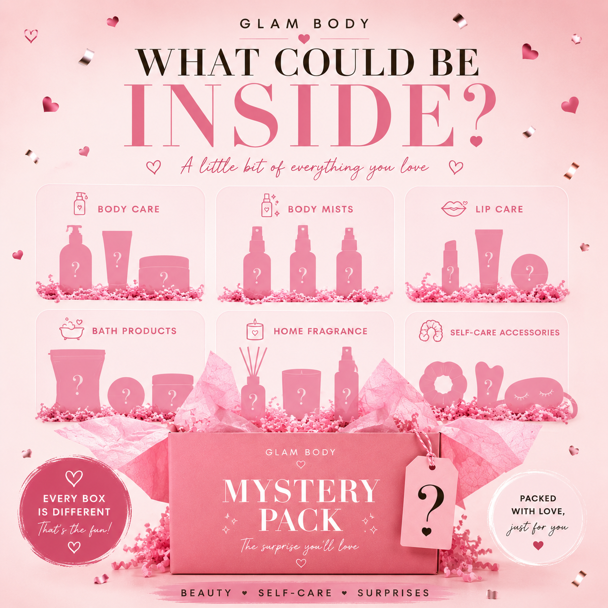 Glam Body mystery pack advertisement with pink packaging and product illustrations on a pink background.